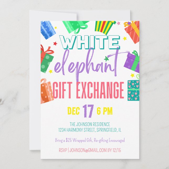 Convite Bright Colorors White Elephant Gifant Exchange Par (Frente)