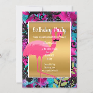 CONVITE BRIGHT FLAMINGO HAWAIIAN FLORAL DOURADO