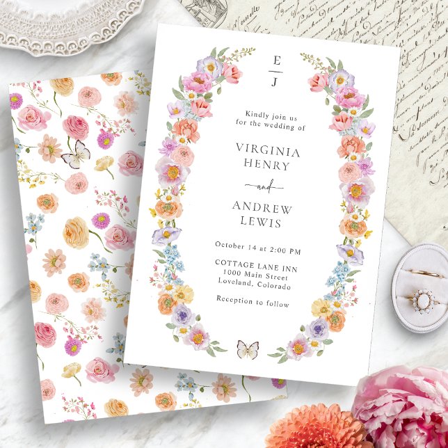 Convite Bright Floral Wedding (Bright Floral Wedding Invitation with Monogram by Painted Paperie
)