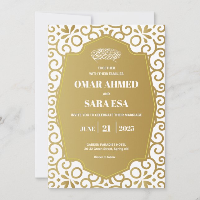 Convite Bright Gold Swirl White Islamic Muslim Wedding  (Frente)
