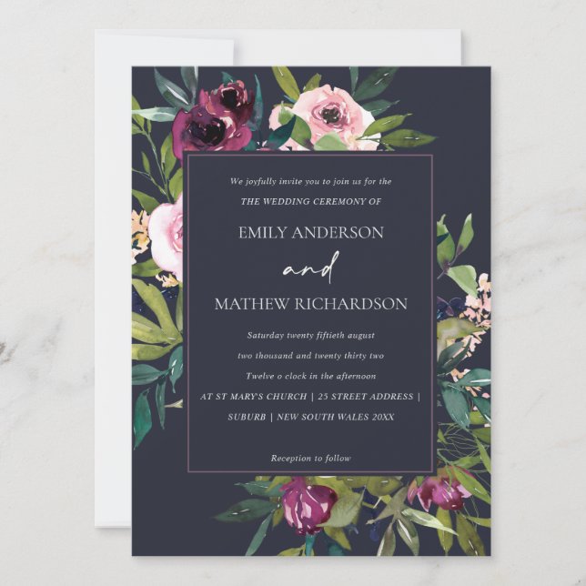CONVITE BRIGHT NAVY BLUSH BURGUNDY FLORAL BUNCH WEDDING (Frente)