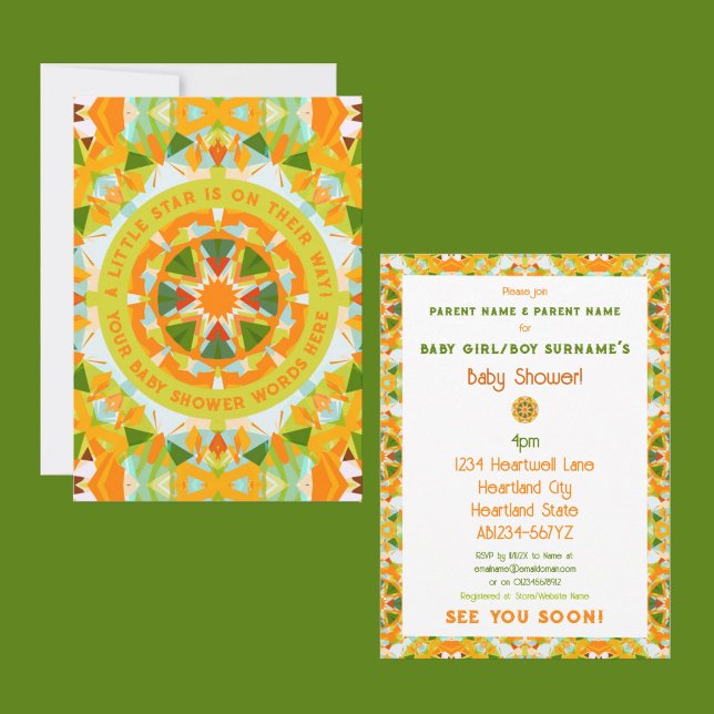 Convite Bright Orange Green Star Baby Girl’s Boy’s Shower (Front and Back View of Baby Shower Invitations)