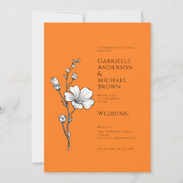 Convite Bright Orange Vintage Retro Floral Wedding 