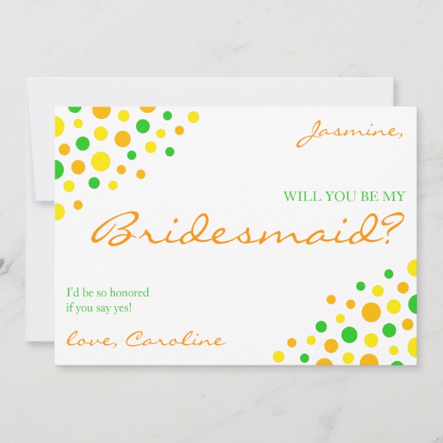 Convite Bright Orange Yellow Green Spots Be My Bridesmaid (Frente)