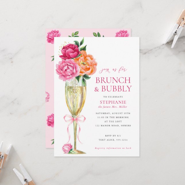 Convite Bright Peony w/QR Code on Back, Brunch and Bubbly  (Frente/Verso In Situ)
