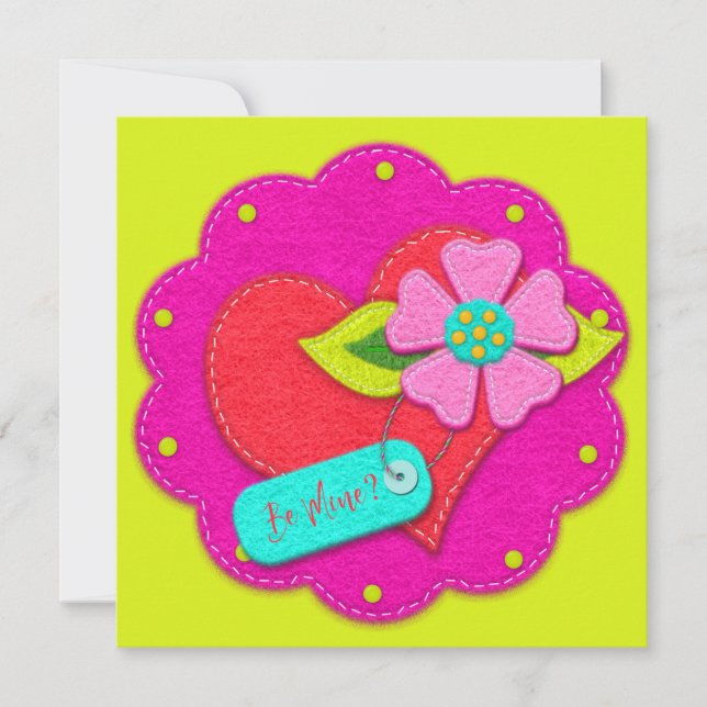 Convite Bright Pink and Peridot Felt Style Heart Flower  (Frente)