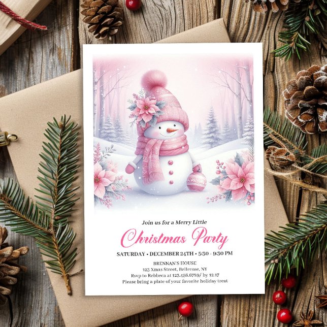 Convite Bright Pink Coquette Snowman Digital Christmas  (Bright Pink Coquette Snowman Digital Christmas Invite Kids)