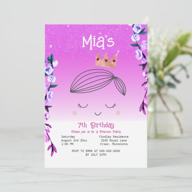 Convite Bright Pink Glitter Princess Girls Aniversário (Em pé/Frente)