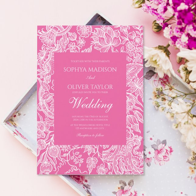 Convite Bright Pink Line Art Wildflower (Criador carregado)