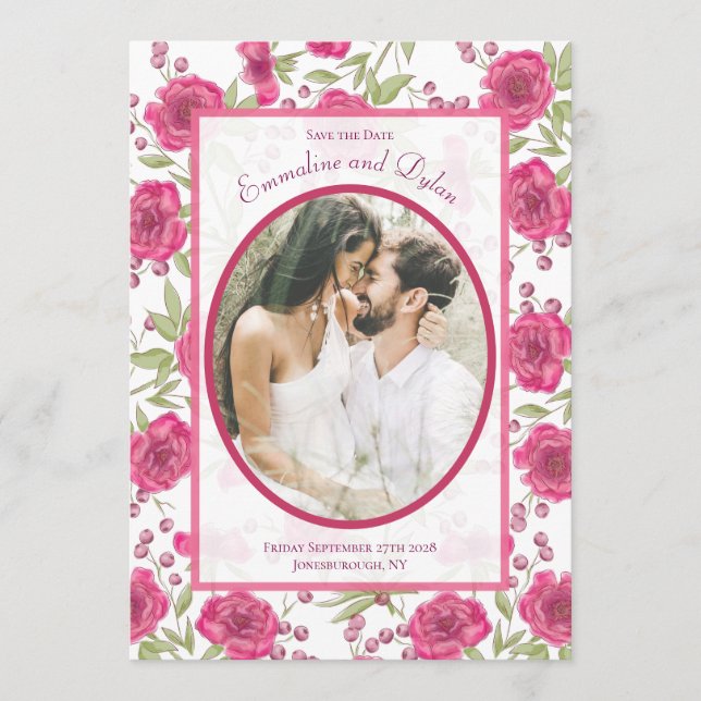 Convite Bright Pink Rose Wedding Save the Date (Frente)