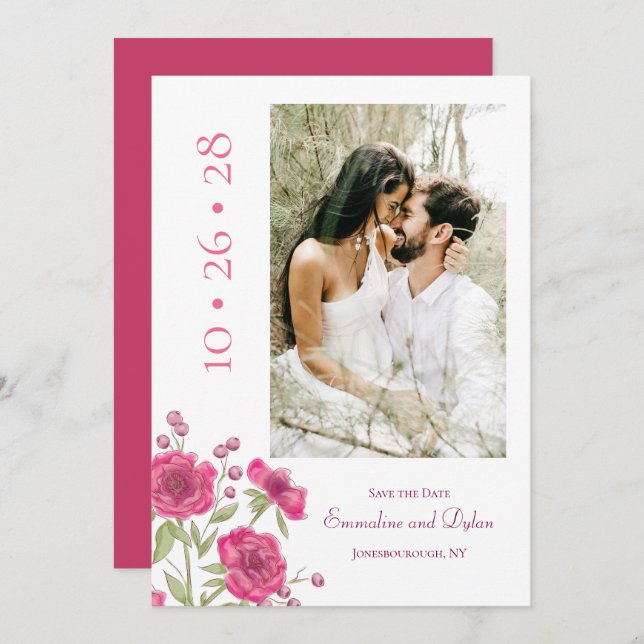 Convite Bright Pink Rose Wedding Save the Date (Frente/Verso)