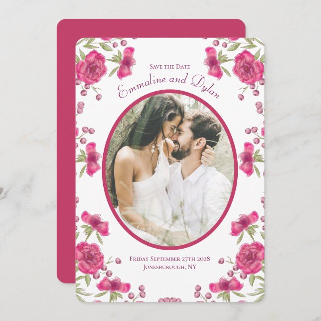 Convite Bright Pink Rose Wedding Save the Date (Frente/Verso)