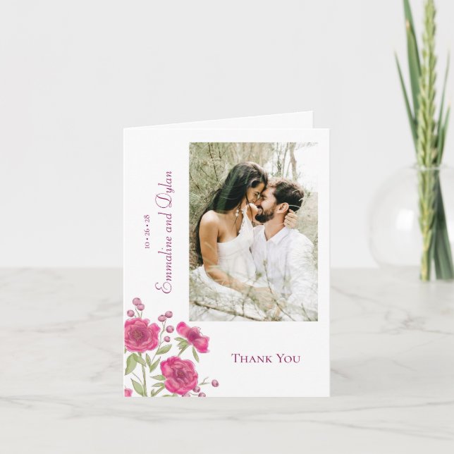 Convite Bright Pink Rose Wedding Thank You Cards Photo (Frente)
