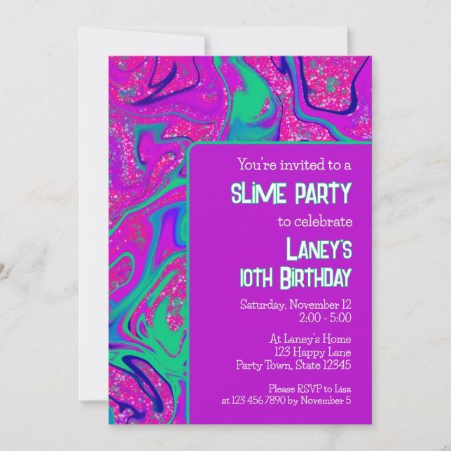 Convite Bright Purple Glitter Birthday Slime Party (Frente)