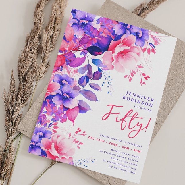 Convite Bright Purple Watercolor Floral 50º Aniversário (Bright Purple Watercolor Floral 50th Birthday Invitation)