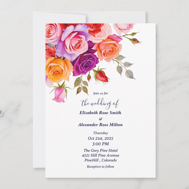 Convite Bright Red and pink purple roses floral wedding (Frente)