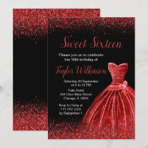 Bright Red Dress Faux Glitter Sweet 16 Aniversário