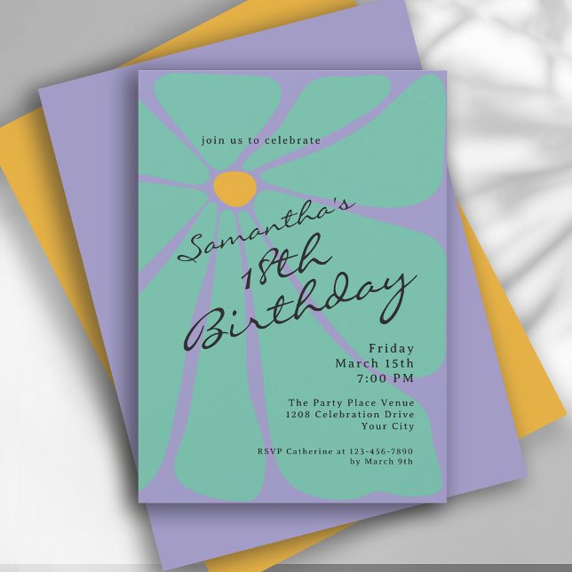 Convite Bright Retro Flower Power 18th Birthday (Available in both printed and instant download digital formats.)