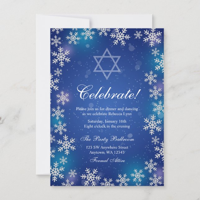 Convite Bright Snowflake Blue Winter Bat Mitzvah Recepção (Frente)