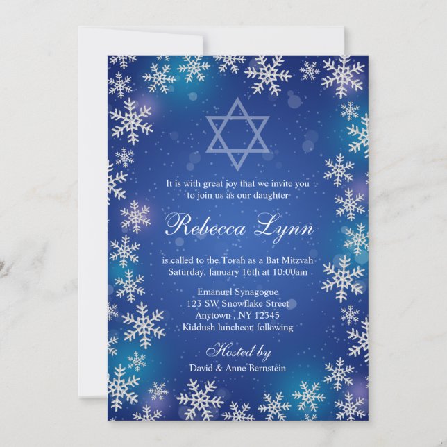 Convite Bright Snowflakes Blue Winter Bat Mitzvah (Frente)