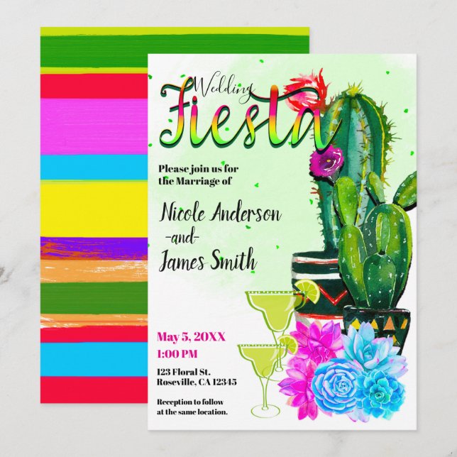 Convite Bright Stripes Cactus & Succulents FIESTA WEDDING (Frente/Verso)