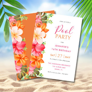 Convite Bright Tropical Floral Birthday Pool Party 