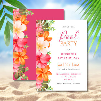 Convite Bright Tropical Floral Birthday Pool Party Pink
