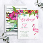 Convite Bright Tropical Pink Flamingo 50th Birthday<br><div class="desc">Ponha o tom para uma divertida celebração de aniversário de Verão com este convite de festas de "Vamos Flamingle" tropical fofo! Apresentando uma gota floral brilhante, de cor aquosa tropical, de hibisco colorido, pincel de garrafa, ave brilhante do paraíso e folhagem de palma, seguida de "Flamingle de Vamos" em rosa...</div>