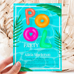 Convite Bright Tropical piscina neon floating Sweet 16<br><div class="desc">Faça um salto com nossos vibrantes e tropicais doces 16 aniversários! Prepare os seus boias e roupas de banho para uma festa que é certamente divertida e inesquecível! Apresentando Piscina escrita em flutuadores com ilustração néon rosa, verde, laranja Sweet 16 com reflexo de água piscina e folha tropical, palmeira e...</div>