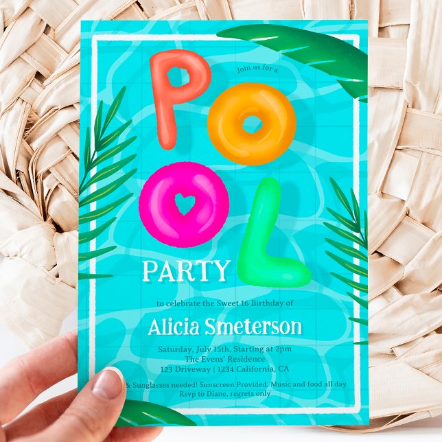 Convite Bright Tropical piscina neon floating Sweet 16 (Bright Tropical pool party neon floaters Sweet 16 Invitation)