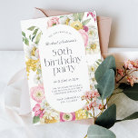 Convite Bright Watercolor Floral 50ª Festa de aniversário<br><div class="desc">Um convite de aniversário lindamente feminino com uma elegante estrutura floral de aquarela em cores alegres de amarelo, rosa, branco e verde faz este pop de convite com um charme na moda. Os emparelhamentos faciais do tipo de tendência incluem um título chic em letra minúscula emparelhada com sans serif moderno....</div>