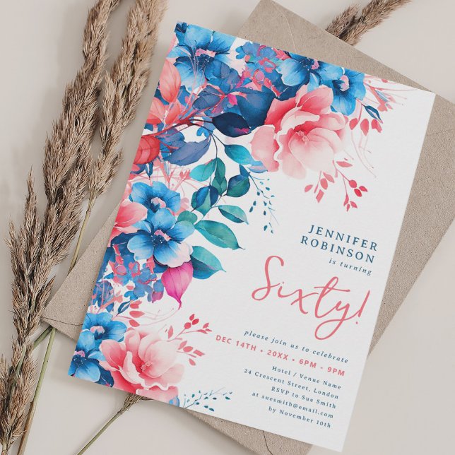 Convite Bright Watercolor Floral 60º Aniversário (Bright Watercolor Floral 60th Birthday Invitation)