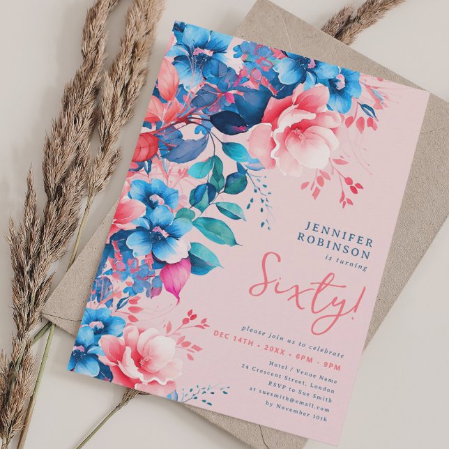 Convite Bright Watercolor Floral 60th Aniversário Blush (Bright Watercolor Floral 60th Birthday Blush Invitation)