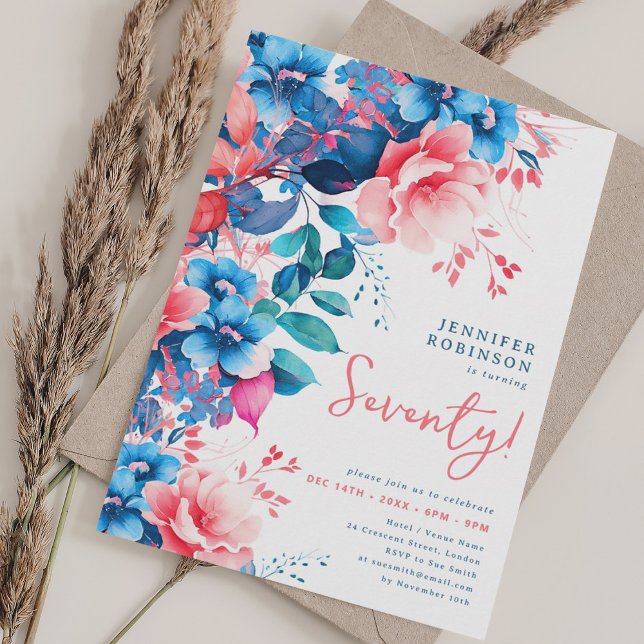 Convite Bright Watercolor Floral 70 Birthday (Bright Watercolor Floral 70th Birthday Invitation)