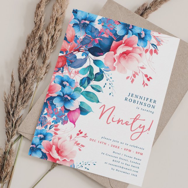 Convite Bright Watercolor Floral 90 Birthday (Bright Watercolor Floral 90th Birthday Invitation)