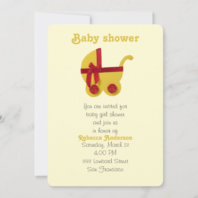 Convite Bright Yellow, carrinho de bebê vermelho para chá  (Frente)