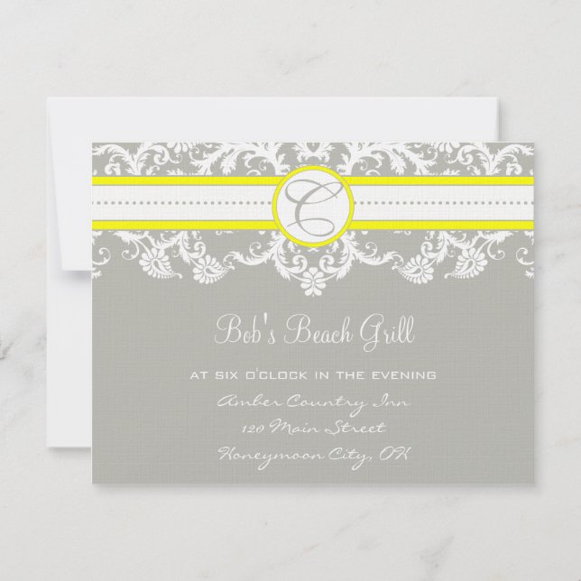 Convite Bright Yellow &  Gray Damask Reception Cards (Verso)