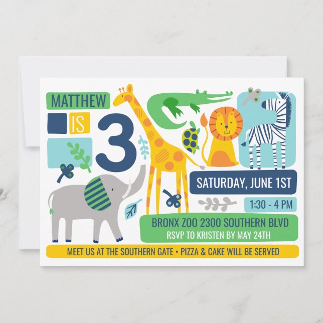 Convite Bright Zoo Jungle Animals Birthday Invitation (Frente)