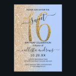 Convite Brilhante Azul Dourado Brilhante Brilhante Doce 16<br><div class="desc">Este convite de aniversário giro e chique de 16 anos é perfeito para o dia especial da sua filha adolescente. Ele apresenta uma brilhante brilha de ouro cintilante impressa, grande, "16" em cima de um simples azul de serenidade pastel e uma brilhante brilha de ouro suja fundo ombre gradiente. É...</div>