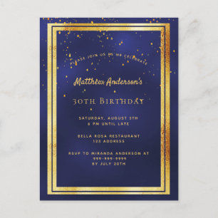 convite brilhante azul dourado para festa de 30 an