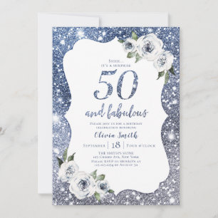 Convite Brilhante azul e floral 50º aniversário