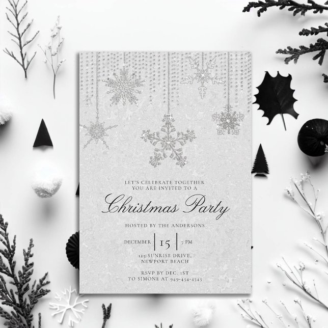 Convite Brilhante branco preto seca flocos de neve Natal (rhinestones glitter drips christmas party invitation elegant black white modern minimalist classy)