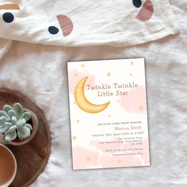 Convite Brilhante Brilhante Brilhante Lua Estende Menina C (Cute Twinkle Twinkle Moon Stars Girl Baby Shower Invitation)