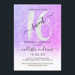 Convite Brilhante Brilhante Roxo Brilhante Branco Doce 16<br><div class="desc">Este convite de aniversário giro e chique de 16 anos é perfeito para o dia especial da sua filha adolescente. Ele apresenta um brilho branco cintilante impresso e cintilante grande, "16", sobre um fundo ombre brilhante e roxo violeta giro, roxo magenta e cinza branca esmaecida. É simples, único, moderno, bonito...</div>