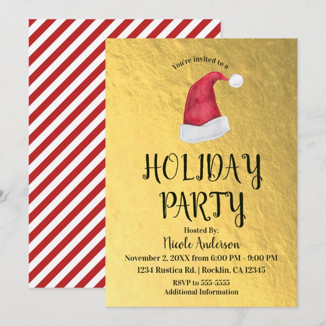Convite Brilhante Chapéu de Natal Vermelho do Papai Noel p (Frente/Verso)