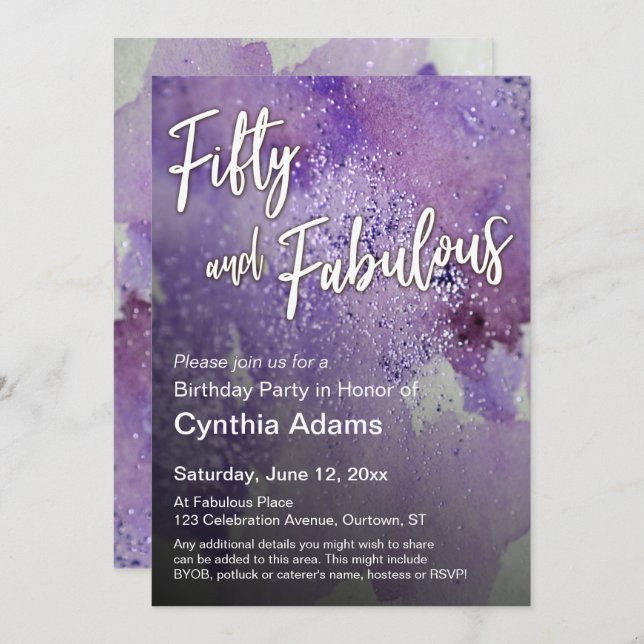Convite Brilhante, cor d'água roxa, cinquenta e fabulosa (Frente/Verso)