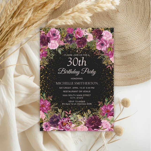 Convite Brilhante Cor-de-rosa brilhante aniversário de 30  (Elegant burgundy and pink watercolor floral on black 30th birthday party invitation)