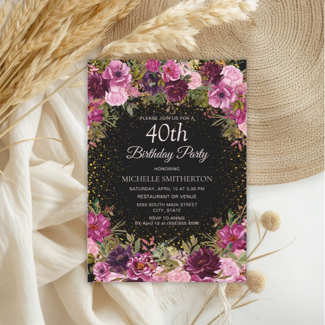 Convite Brilhante Cor-de-rosa brilhante aniversário de 40  (Elegant burgundy and pink watercolor floral on black 40th birthday party invitation)