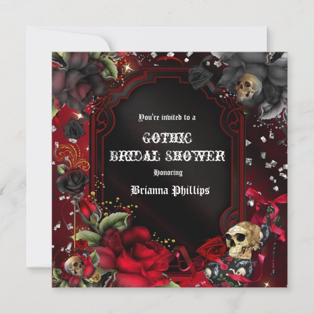 Convite Brilhante de Caveira Gótico com Rosas Verm (Frente)