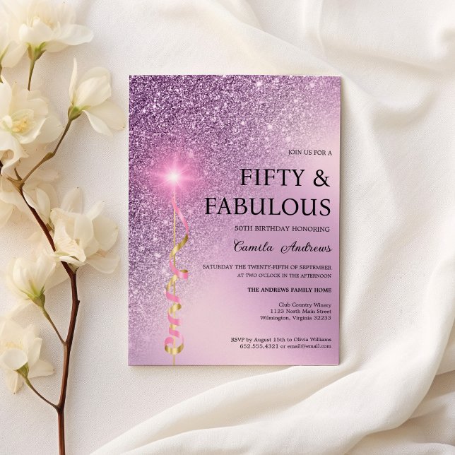 Convite Brilhante de gradiente de lavanda Sparkle 50º Aniv (Sparkle lavender gradient glitter 50th Birthday)